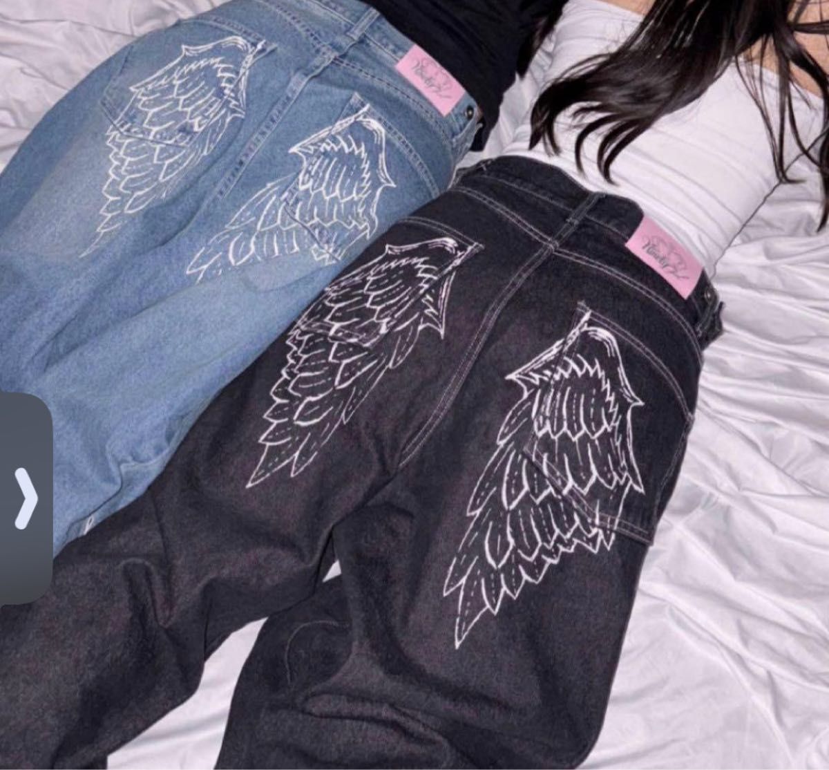 9090 girlFeather logo Studs Buggy Denim Pants M ブラック｜Yahoo