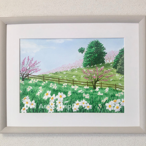 白い水仙と梅の花 」透明水彩画 原画 風景画 額縁付 F4サイズ 絵画 Oni